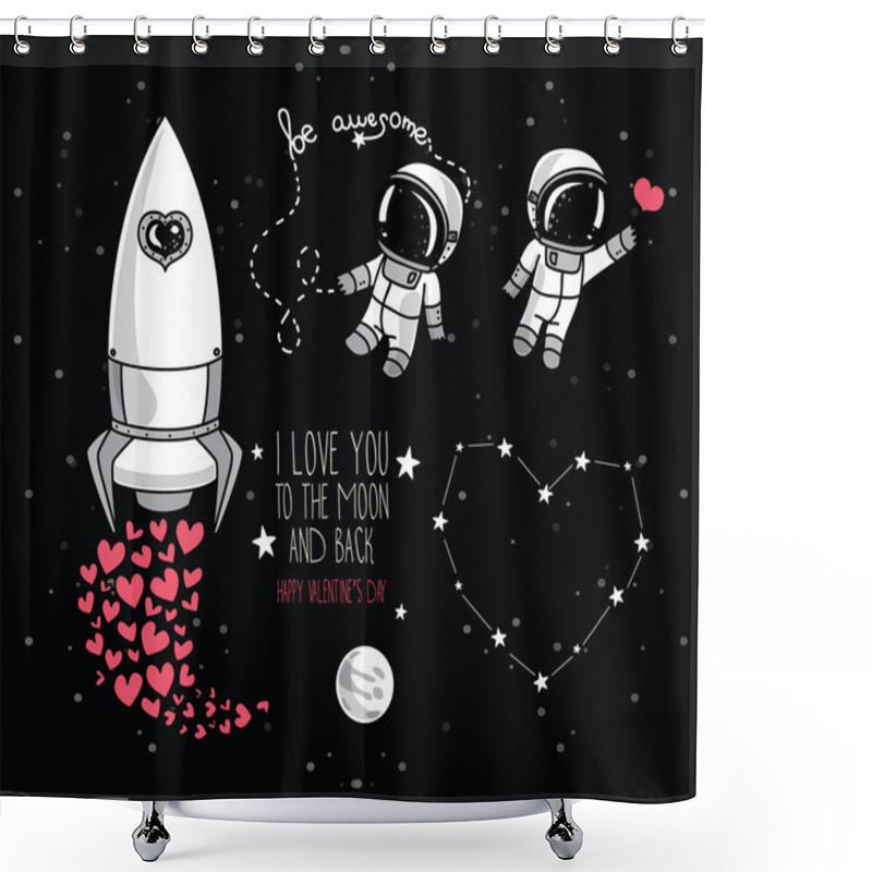 Personality  Cute Hand Drawn Elements For Valentine's Day Design: Moon, Stars, Astronauts Floating In Space And Rocket Shower Curtains