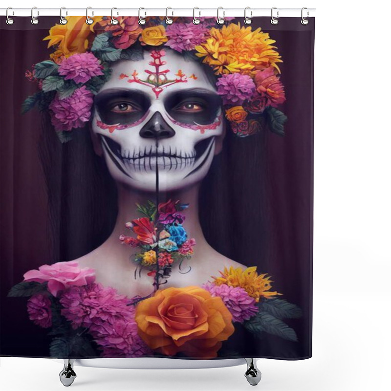 Personality  Sugar Skull Makeup With Flower Ornament Woman Face. 3D Rendering Shower Curtains