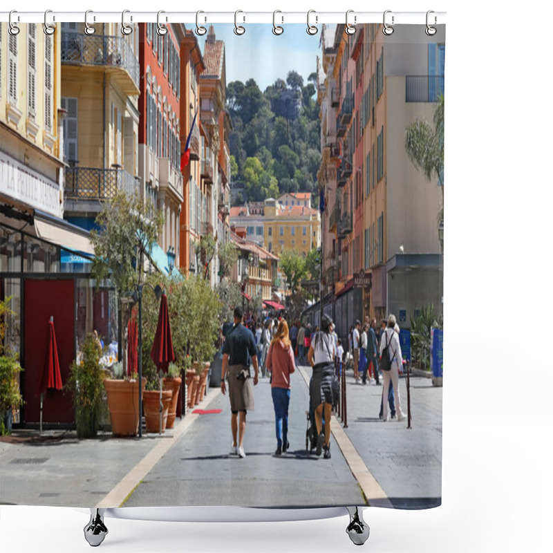 Personality  Nice, France - April 25, 2023: Old Town Pedestrian Street, On A Sunny Day. Many People Walk Along This Street In The Sun Or Partly In The Shade Of The Buildings. Shower Curtains