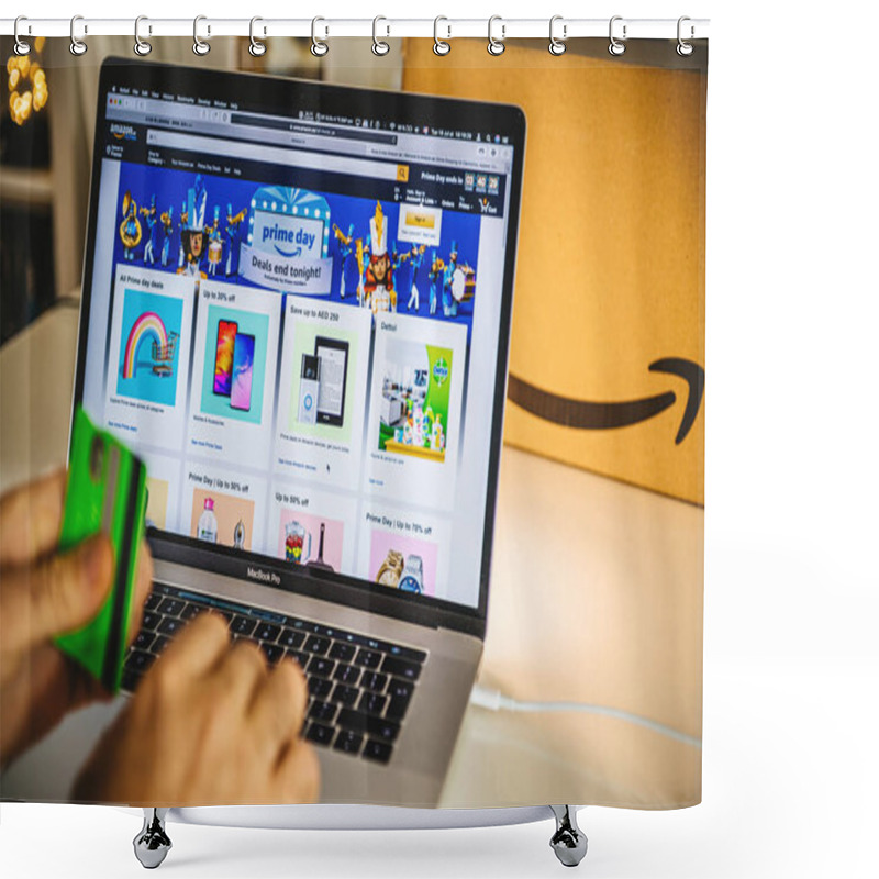 Personality  Amazon Prime Day Man Shopping On Laptop Deals Shower Curtains