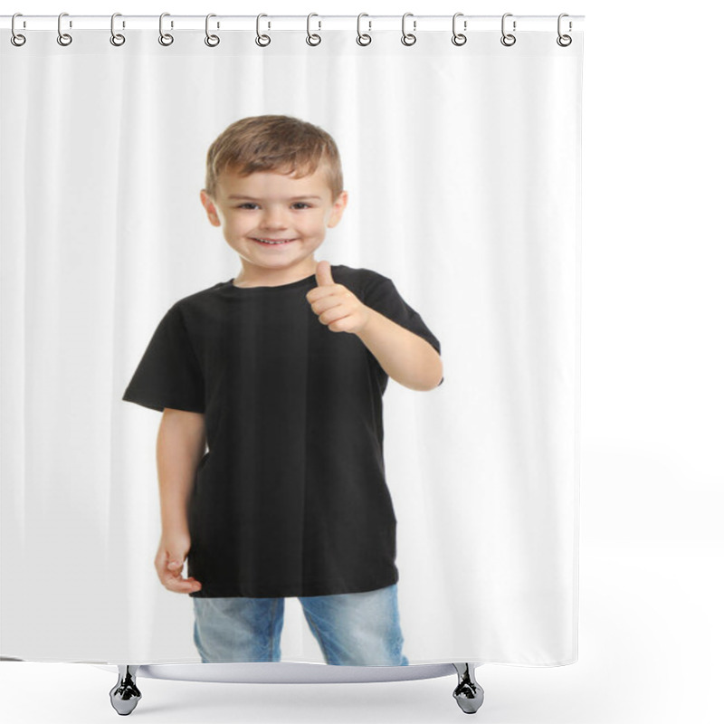 Personality  Little Boy In T-shirt On White Background. Mockup For Design Shower Curtains