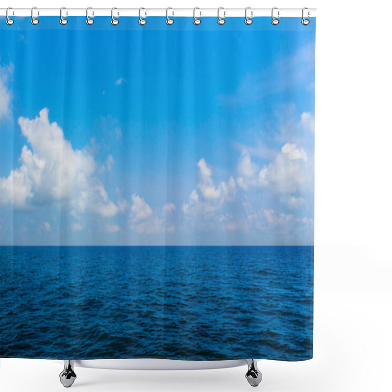 Personality  Water Surface With Deep Blue Sea And Clear Sky Clouds. Landscape With Ocean Small Waves Water Reflection. Illustration For Tourism, Website Or Advertisement. Andaman Sea, Thailand. Shower Curtains