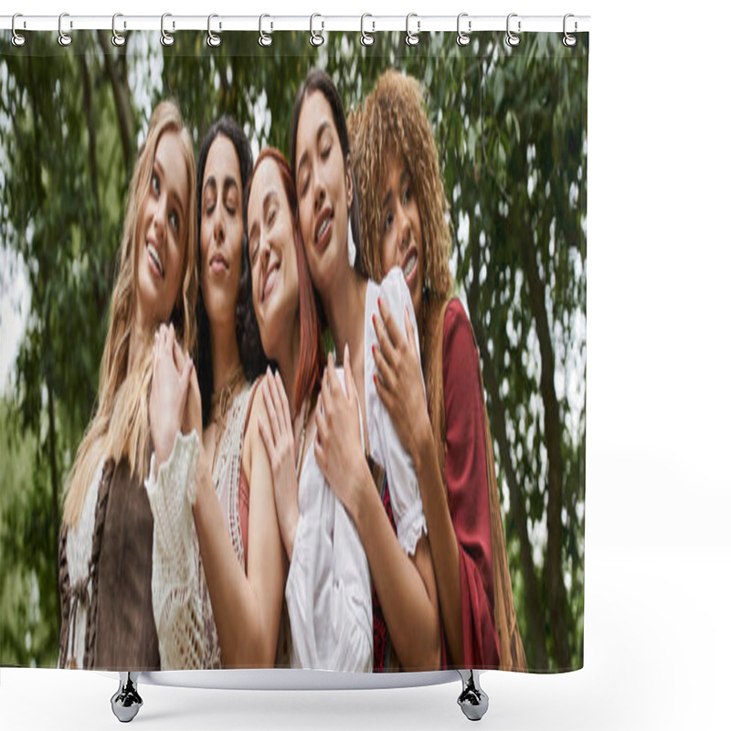 Personality  Low Angle View Of Positive Interracial Women In Boho Outfits Hugging In Retreat Center, Banner Shower Curtains