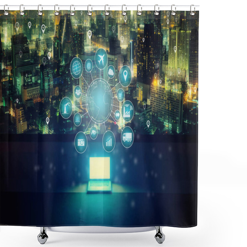 Personality  Laptop Computer On Rooftop At Night With Internet Of Things (IOT) Word And Objects Icon Connecting Together, Internet Networking Concept, Connect Global Wireless Devices With Each Other. Shower Curtains