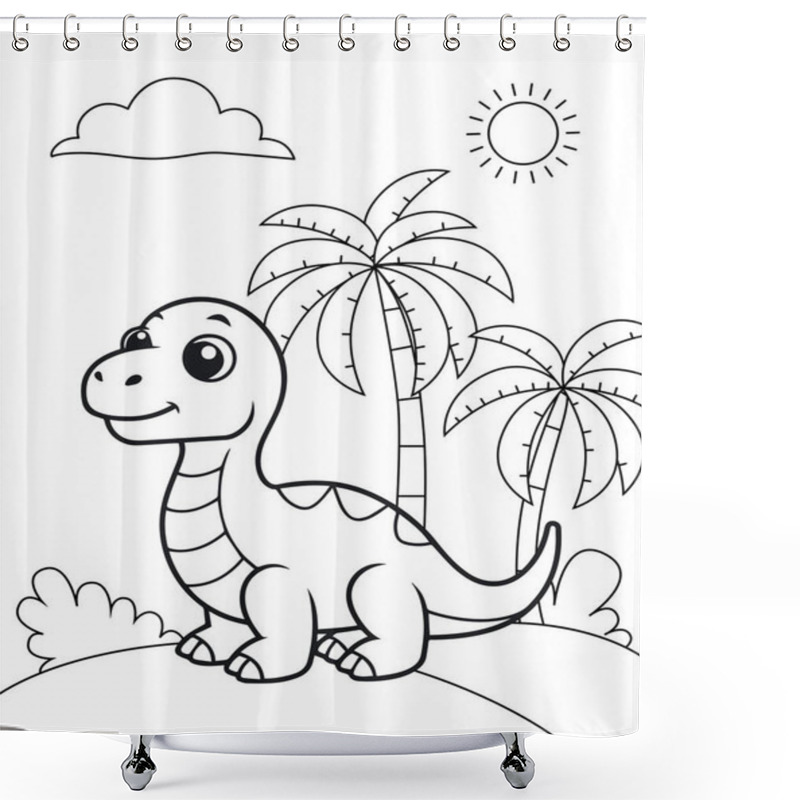 Personality  Coloring Page For Children With A Little Cute Dinosaur On A Background With Palm Trees And The Sun. Vector Illustration. Shower Curtains