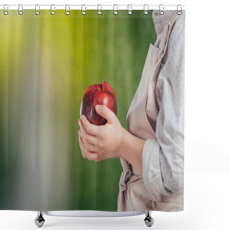 Personality  Partial View Of Child Holding Red Apple On Blurred Background, Earth Day Concept Shower Curtains