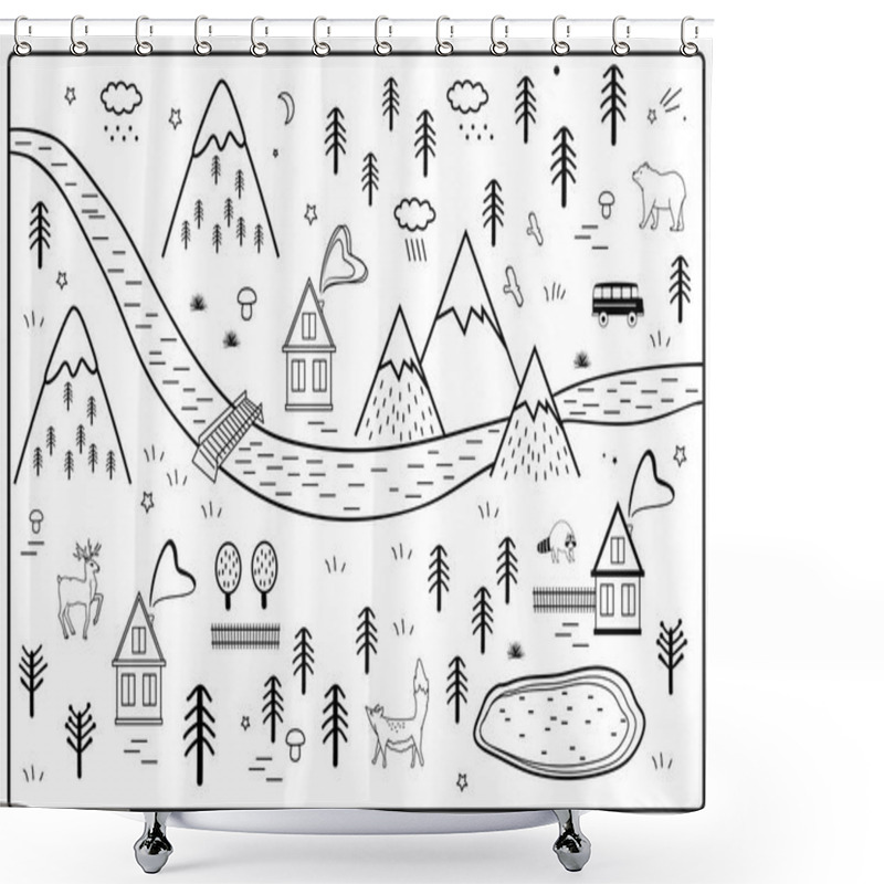 Personality  Vector River, Mountains And Woods Adventure Map With Houses And Animals. Scandinavian Style Art Nursery Monochrome Door Or Wall Mat Shower Curtains