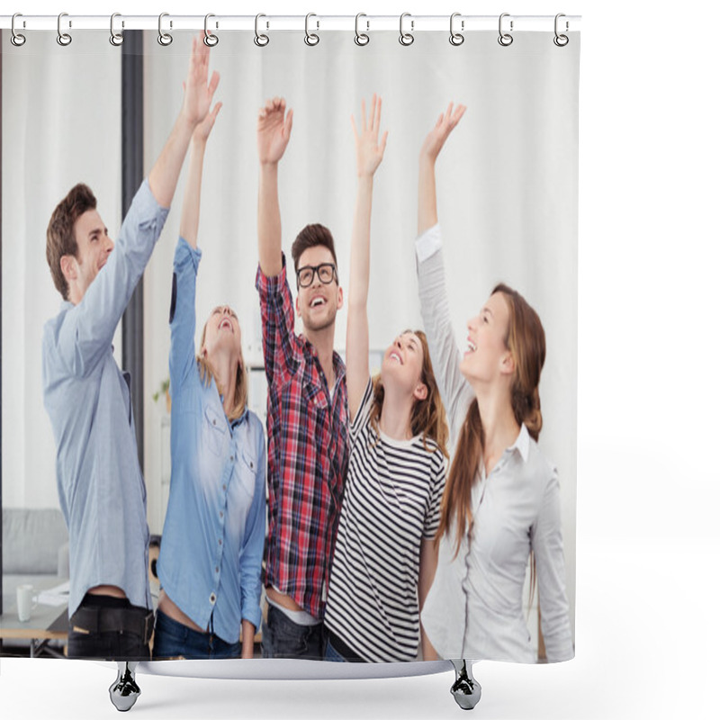 Personality  Happy Young Office Worker With Hands In The Air Shower Curtains