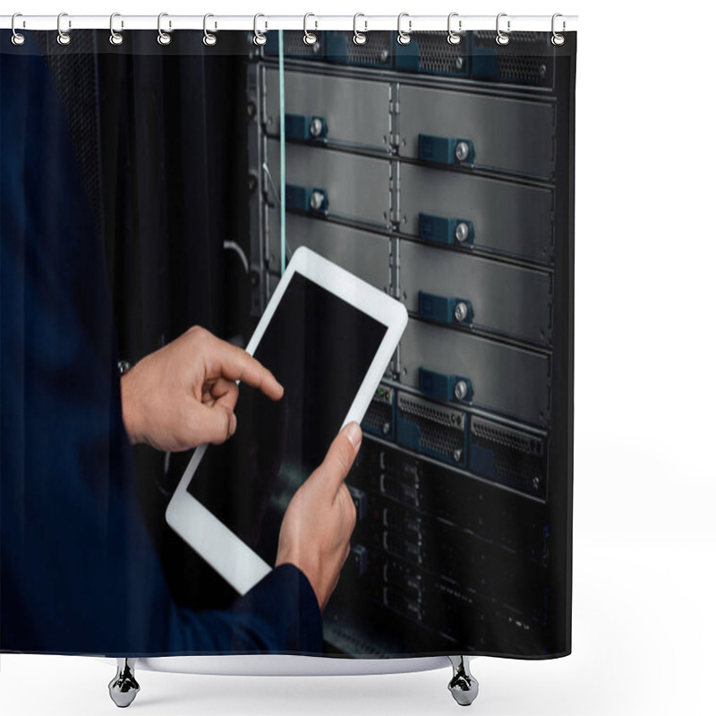 Personality  Cropped View Of Man Pointing With Finger At Digital Tablet With Blank Screen  Shower Curtains