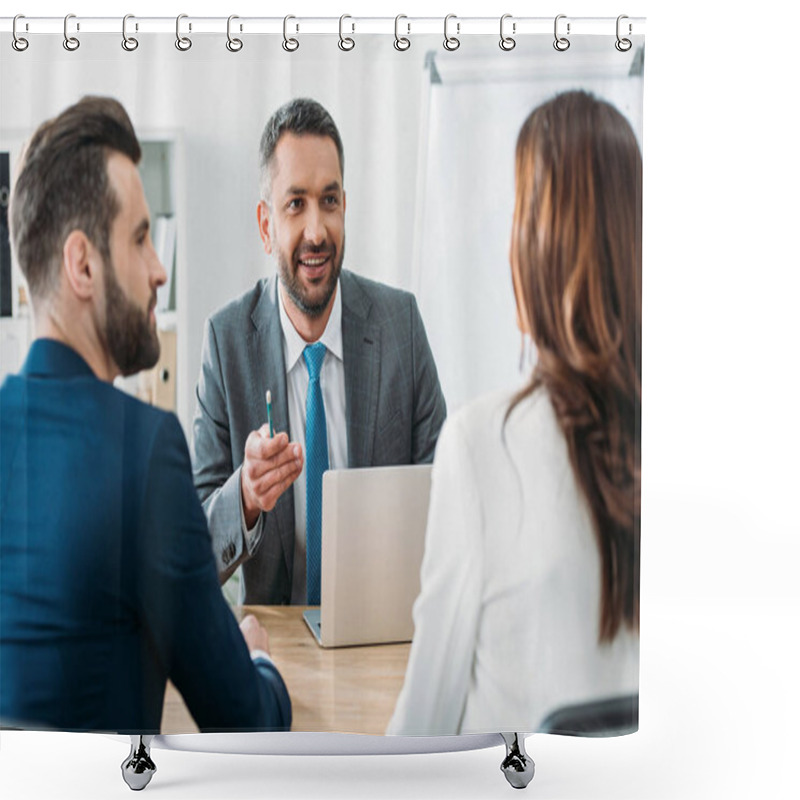 Personality  Selective Focus Of Handsome Advisor In Suit Talking With Investors At Office  Shower Curtains