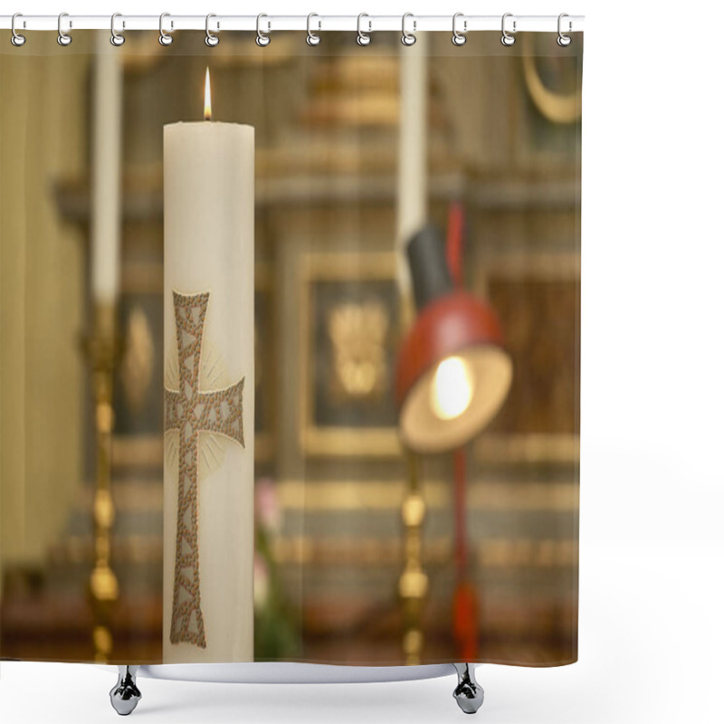 Personality  Horizontal Shot Of An Easter Candle With The Cross Lit In The Church During The Ceremony Of A Baptism. Shower Curtains