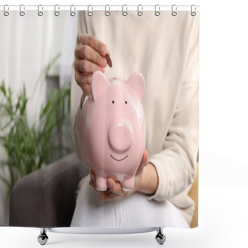 Personality  Woman Putting Coin Into Piggy Bank At Home, Closeup Shower Curtains