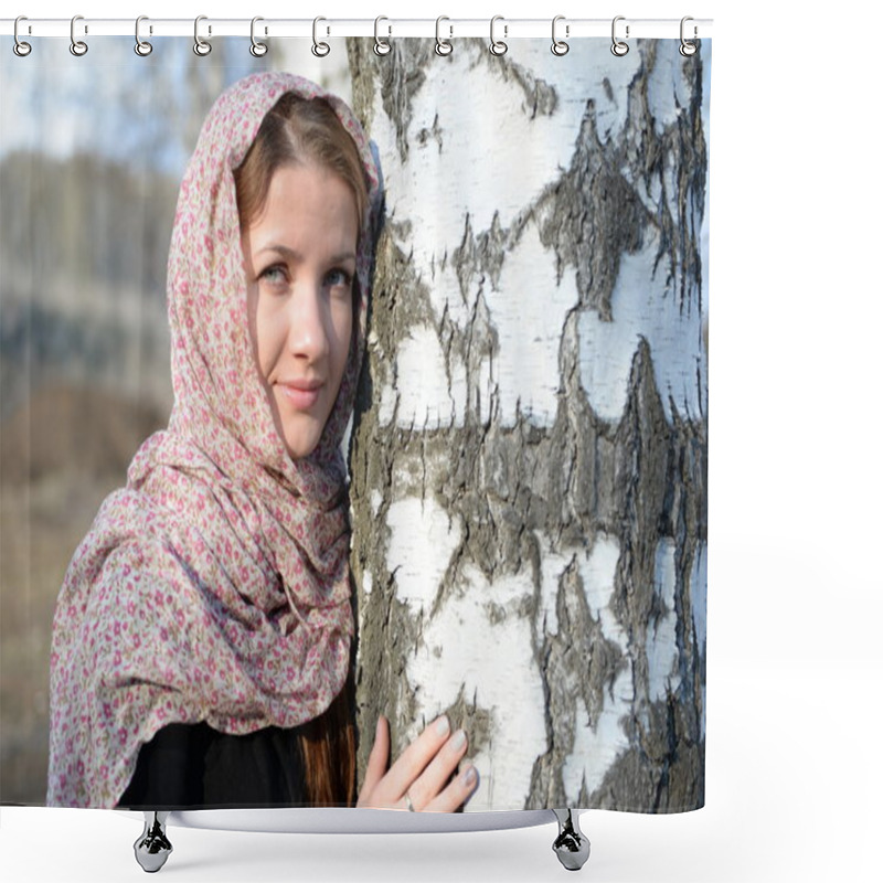 Personality  Russian Girl In A Scarf In A Birch Forest Close Up Shower Curtains