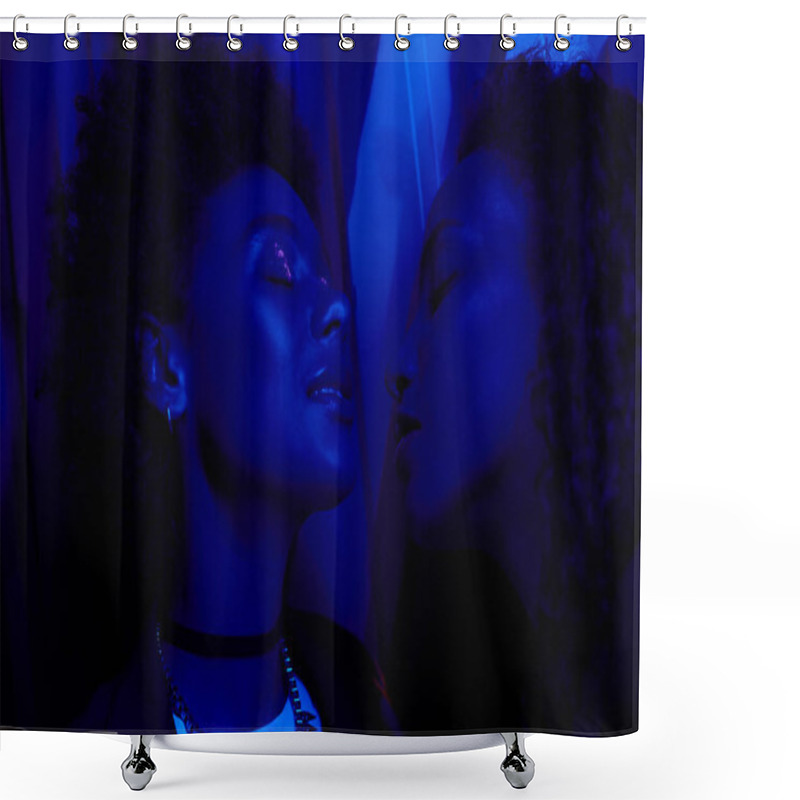 Personality  Two Figures Share A Close Connection, Enveloped In Striking Blue Light, Expressing Emotion. Shower Curtains