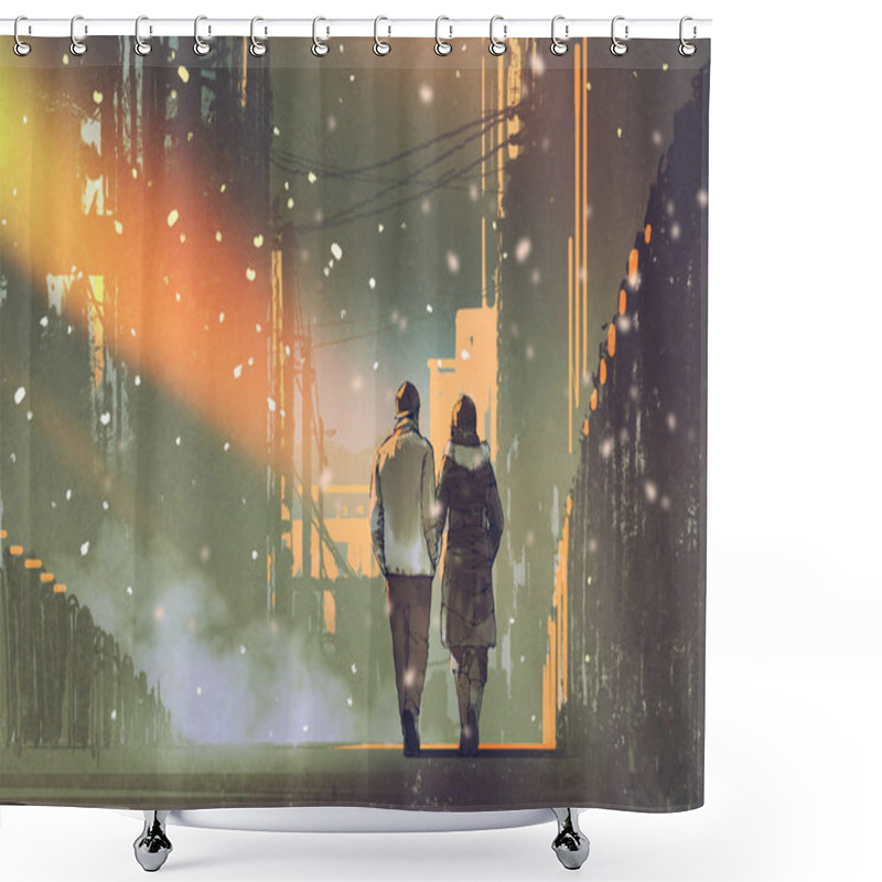 Personality  Couple In Love Walking On Street Of City Shower Curtains