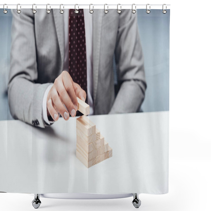 Personality  Selective Focus Of Man Putting Wooden Brick On Top Of Wooden Blocks Symbolizing Career Ladder Shower Curtains