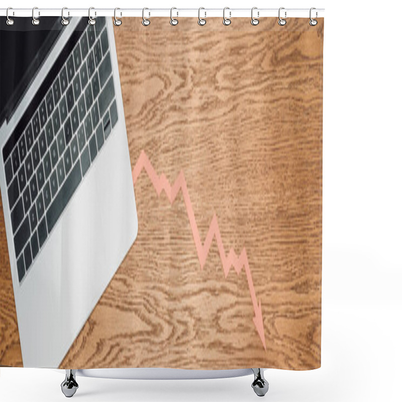 Personality  Top View Of Laptop And Recession Arrow On Wooden Desk, Panoramic Shot  Shower Curtains