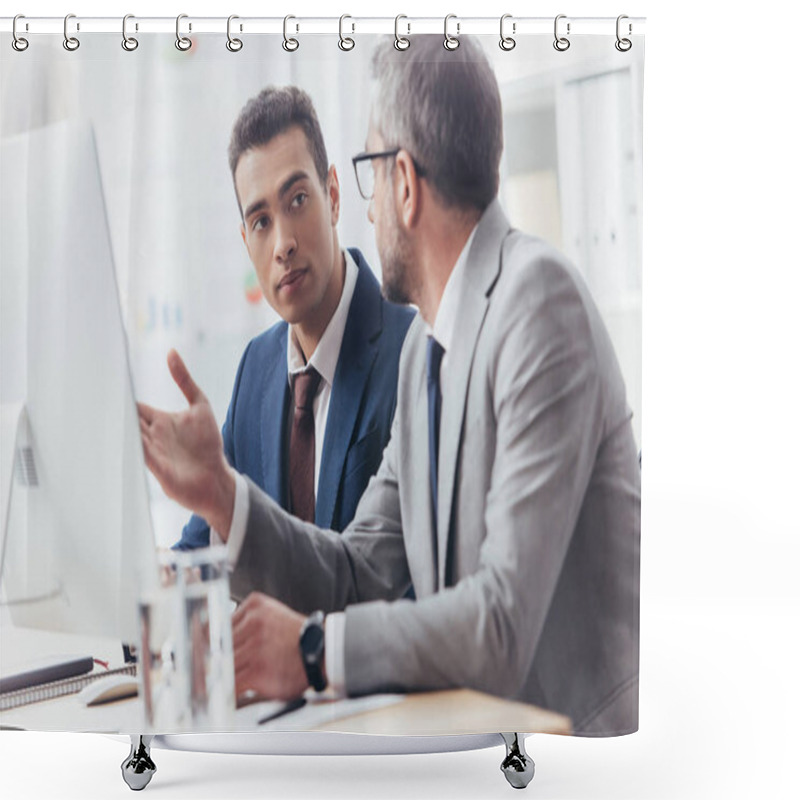 Personality  Two Professional Businessmen Using Desktop Computer And Discussing Project In Office Shower Curtains