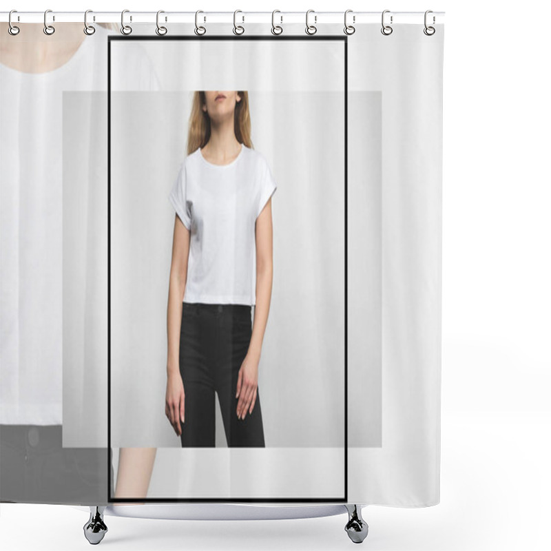 Personality  Young Woman In Blank T-shirt On White With Creative Frame Shower Curtains