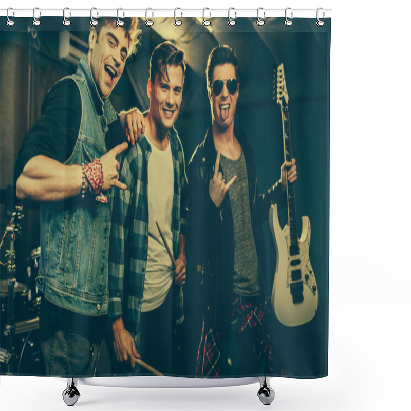 Personality  Handsome And Cheerful Rock Band Smiling While Showing Rock Signs  Shower Curtains