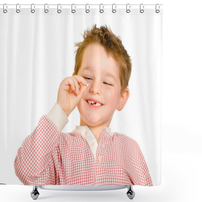 Personality  Child Checking Out His Lost Tooth Isolated On White Shower Curtains