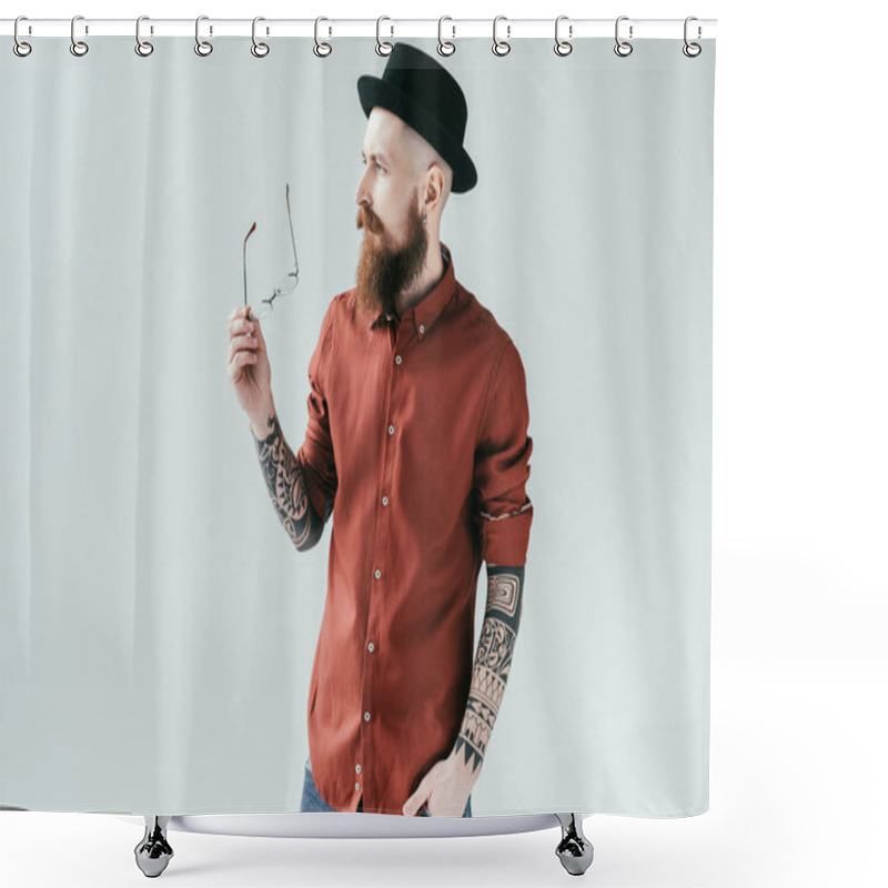 Personality  Bearded Handsome Man Holding Glasses Isolated On White Shower Curtains