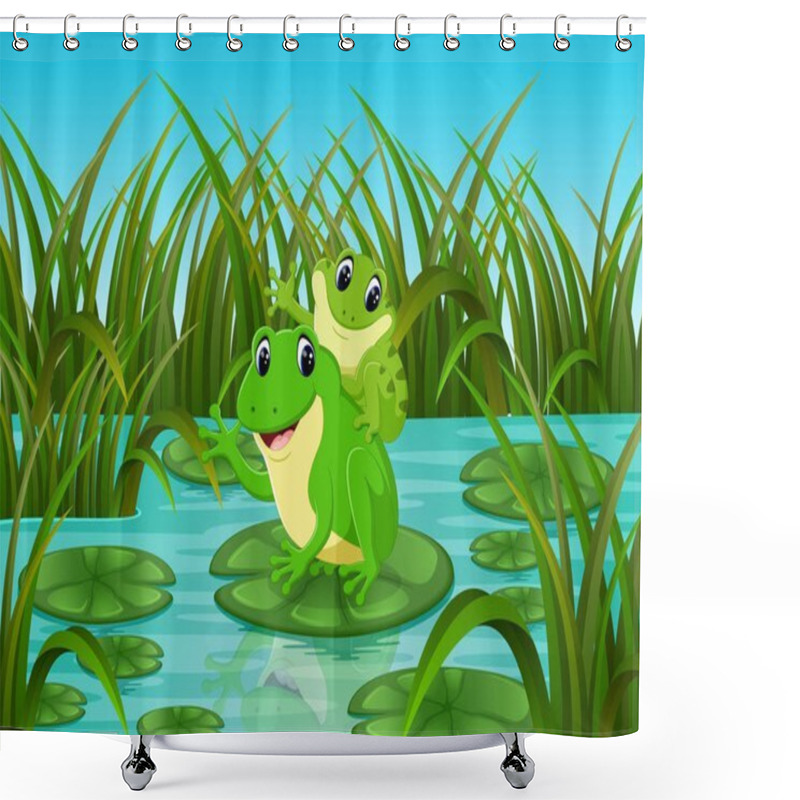 Personality  River Scene With Happy Frog On Leaf Shower Curtains