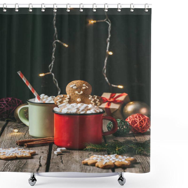 Personality  Two Cups Of Cocoa With Marshmallows And Gingerbread Man On Wooden Table With Christmas Light Garland Shower Curtains