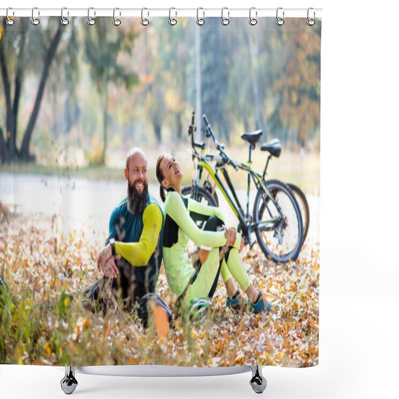 Personality  Cyclists Resting On Dry Autumn Lawn Shower Curtains