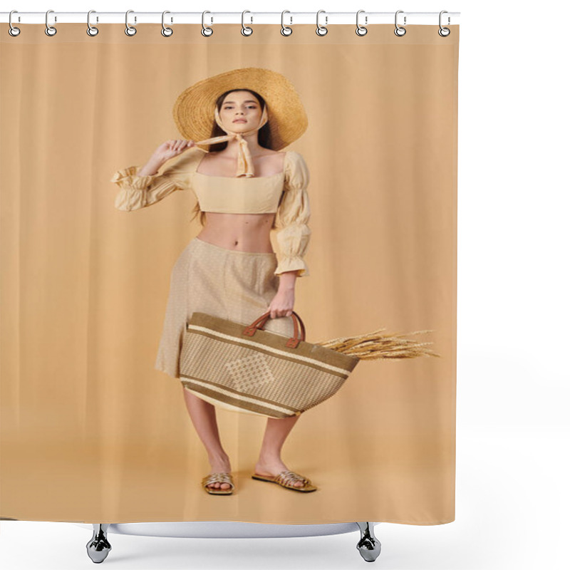 Personality  A Young Woman With Long Brunette Hair Poses Confidently In A Summer Outfit, Holding A Basket And Wearing A Stylish Straw Hat. Shower Curtains