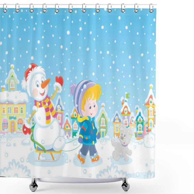 Personality  Happy Little Boy Walking With His Merry Pup And Sledding A Funny Snowman Down A Snow-covered Street Of A Pretty Small Town On A Beautiful Snowy Winter Day, Vector Cartoon Illustration Shower Curtains