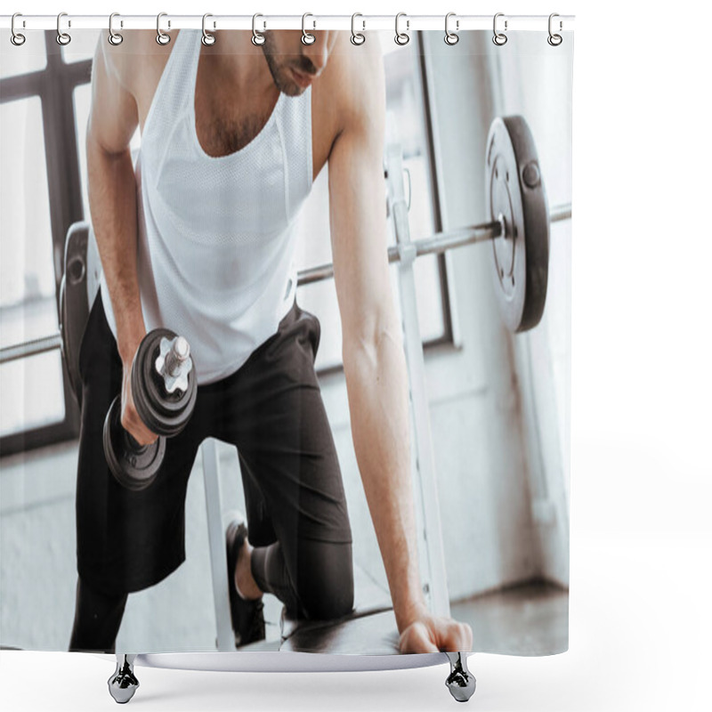 Personality  Cropped View Of Bearded Man Exercising With Heavy Dumbbell In Gym   Shower Curtains