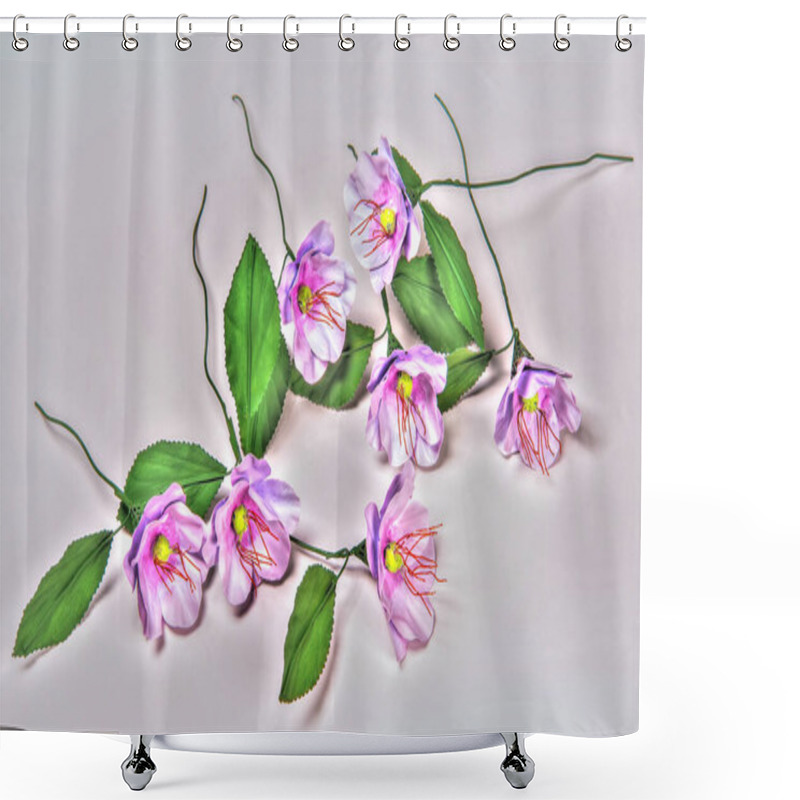 Personality  Elegant Display Of Artificial Purple Flowers Featuring Vivid Red Stamens And Bright Green Leaves, Beautifully Arranged On A Plain Surface. Highlights Craftsmanship And Decorative Value Perfect For Home Design Or Art Projects. Shower Curtains