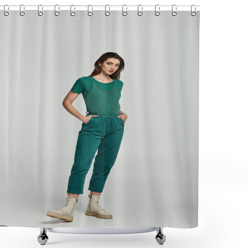 Personality  A Young Woman In A Green Outfit Stands Confidently Against A White Backdrop. Shower Curtains