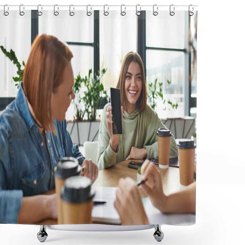 Personality  Young And Optimistic Woman Showing Mobile Phone With Blank Screen To Girlfriends Spending Time With Coffee To Go In Friendly Atmosphere Of Interest Club, Female Friendship And Support Concept Shower Curtains