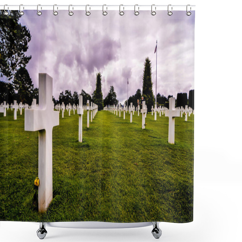 Personality  A Cemetery With Many White Crosses On  Grass  Shower Curtains