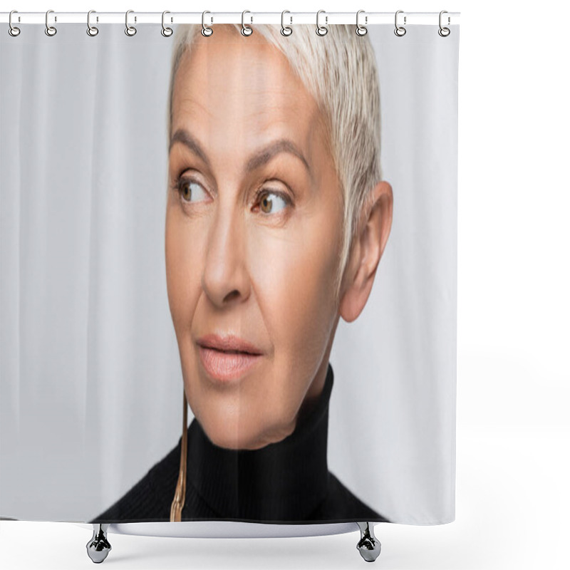 Personality  Senior Woman With Long Earring And Black Turtleneck Isolated On Grey Shower Curtains