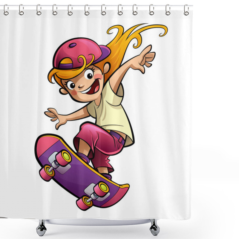 Personality  Cartoon Happy Smiling Kid Girl With Skateboard In Sport Mood Shower Curtains