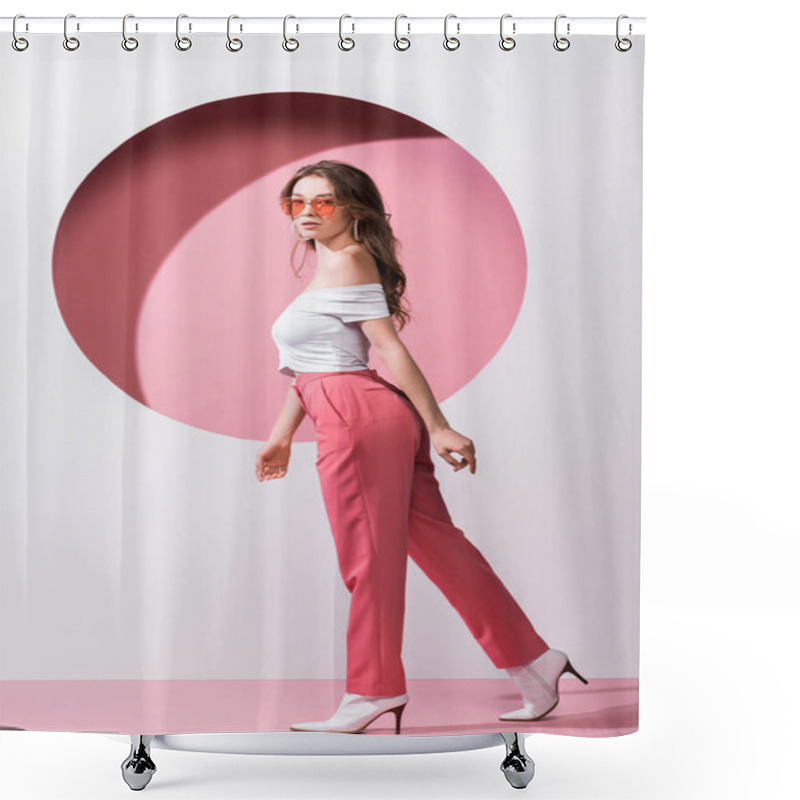 Personality  Beautiful Girl In Sunglasses Walking On White And Pink  Shower Curtains