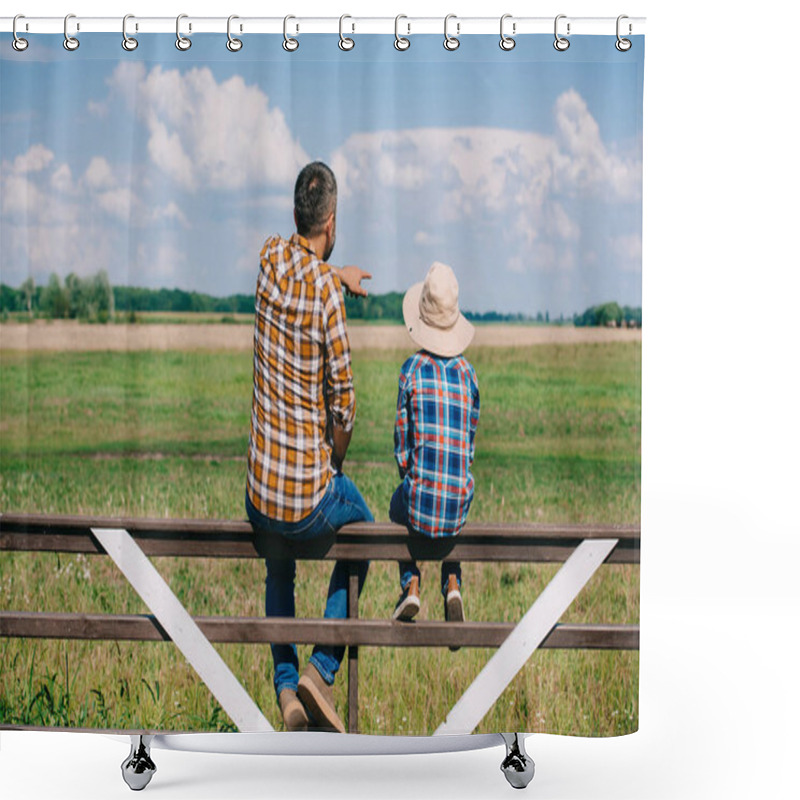 Personality  Back View Of Father And Son Sitting On Fence And Looking At Green  Field Shower Curtains