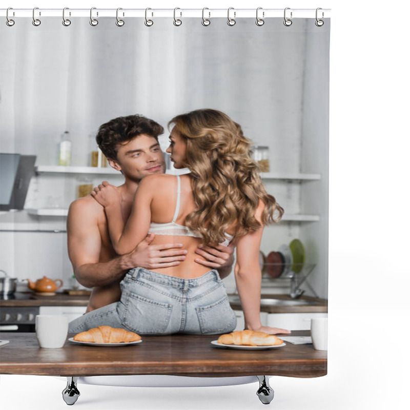 Personality  Shirtless Man Hugging Girlfriend In Bra Near Croissants And Cups On Table  Shower Curtains