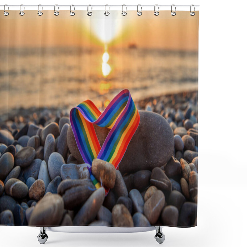 Personality  Rainbow Ribbon In The Shape Of A Heart - A Symbol Of LGBT On Stones By The Sea At Sunset Shower Curtains