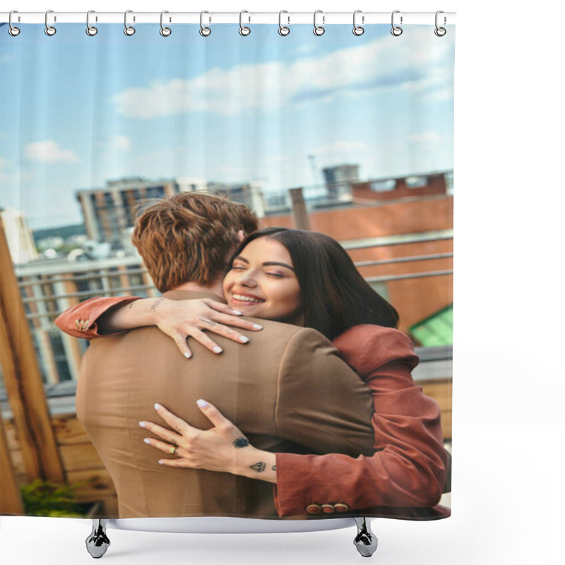 Personality  A Woman And A Man Hugging Affectionately On The Rooftop Of A Building Against A City Skyline Backdrop Shower Curtains