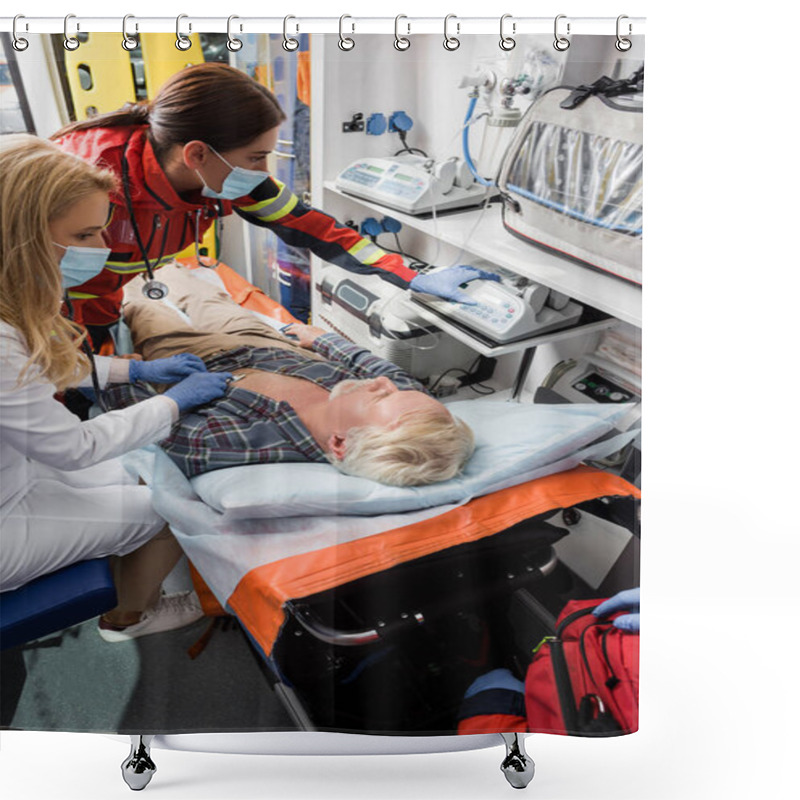 Personality  Selective Focus Of Paramedic And Doctor In Medical Masks Examining Patient With Stethoscope In Ambulance Car  Shower Curtains