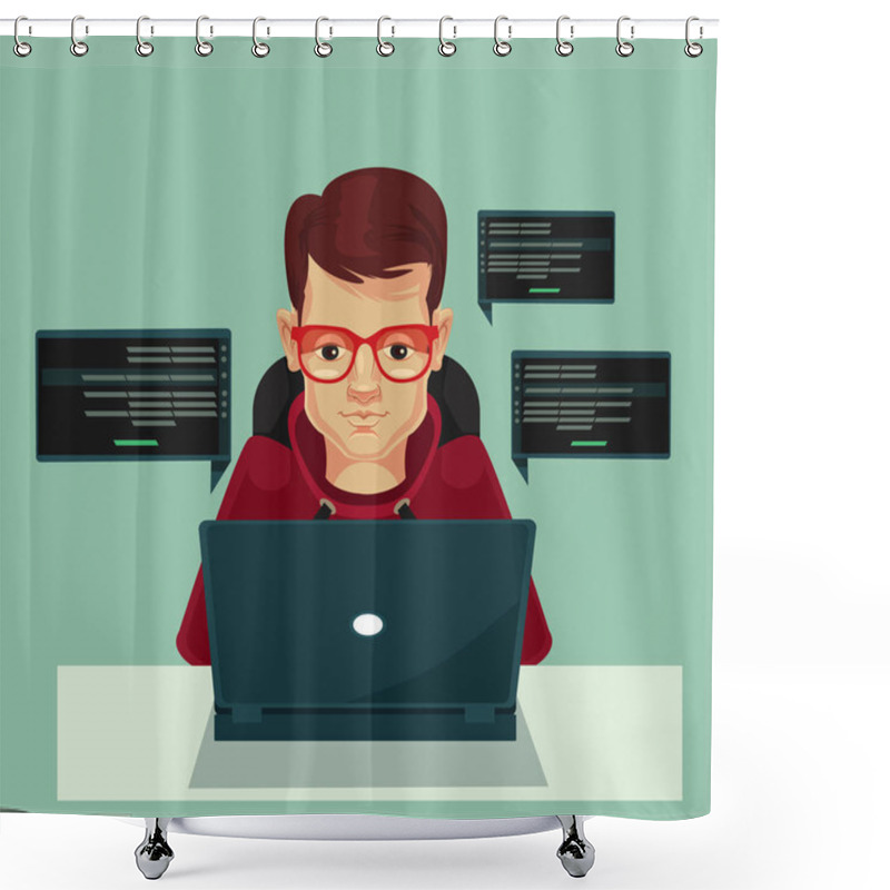 Personality  Young Programmer Man Character Coding. Vector Flat Cartoon Illustration Shower Curtains