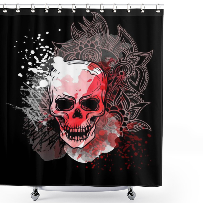 Personality  Trash Skull With Blood Splatter And Zentangle Flowers. Trash Polka Old School Tattoo Style. Watercolor, Chalk, Pastels, Pencils Texture. Vector. Shower Curtains