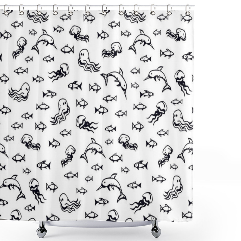 Personality  Many Cute Funny Exotic Undersea Fin Leg Squid Monsters Isolated On Deep Aqua Tracery. Freehand Line Black Ink Hand Drawn Danger Sealife Logo Sign Icon Symbol Sketch In Art Retro Doodle Style On Paper Shower Curtains