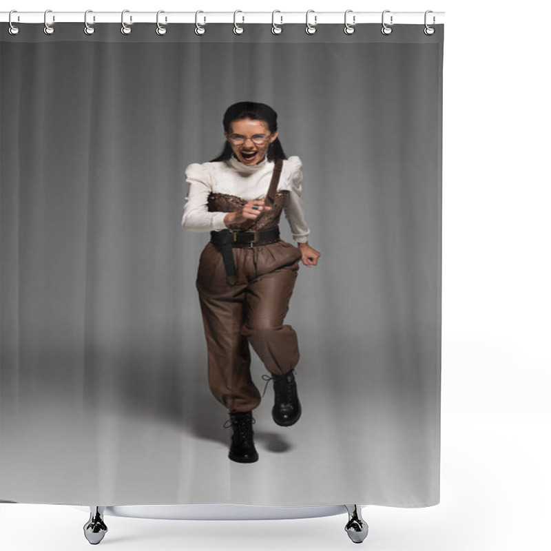 Personality  Full Length View Of Screaming Steampunk Woman Running On Grey Shower Curtains