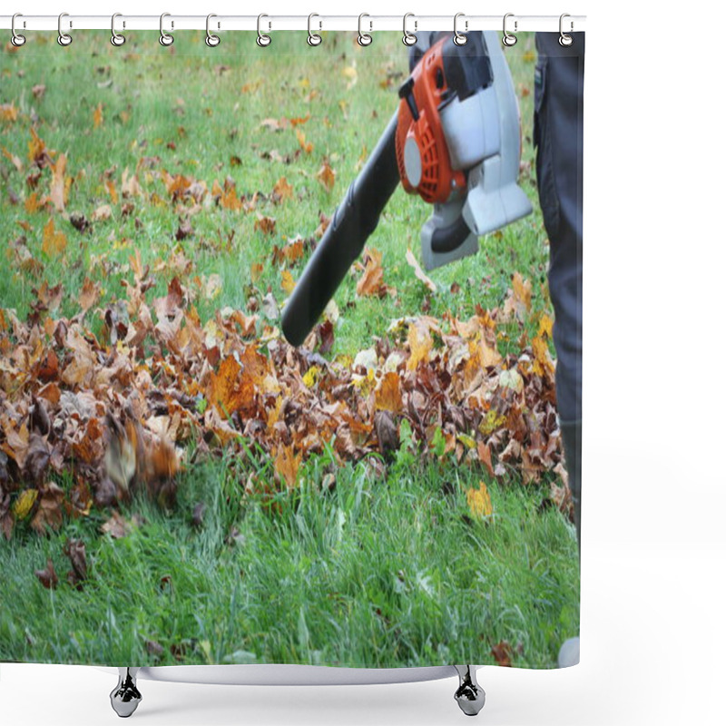 Personality  Worker Cleaning Falling Leaves In Autumn Park. Man Using Leaf Blower For Cleaning Autumn Leaves. Autumn Season. Park Cleaning Service. Shower Curtains