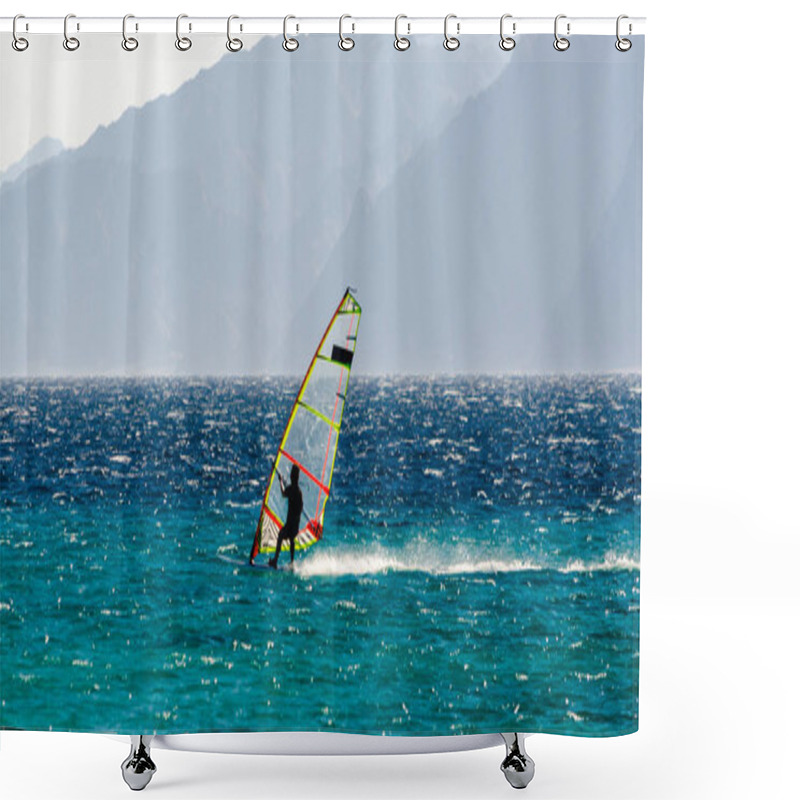 Personality  Windsurfer On The Background Of High Mountains Rides On The Wave Shower Curtains